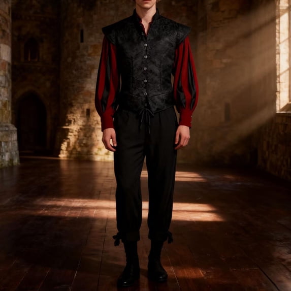 3pcs Halloween Outfits Men's Medieval Court Style Waistcoat + Vintage Shirt + Fashion 3/4 Pants Set Black XL