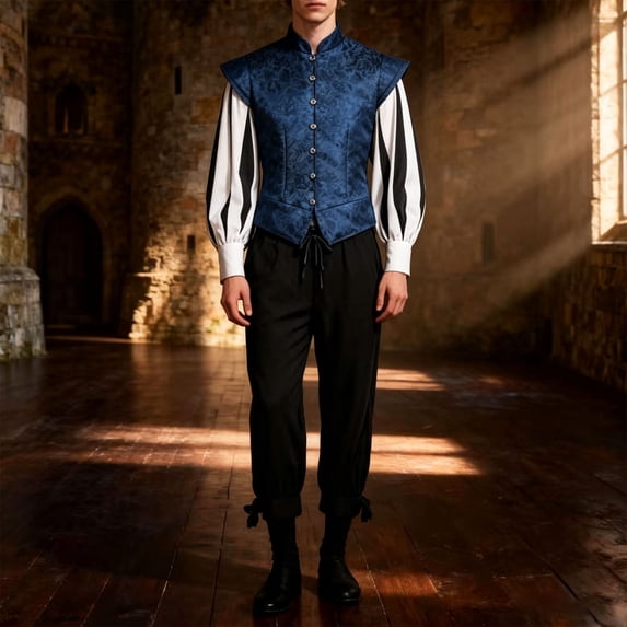 3pcs Halloween Outfits Men's Medieval Court Style Waistcoat + Vintage Shirt + Fashion 3/4 Pants Set Blue XXL