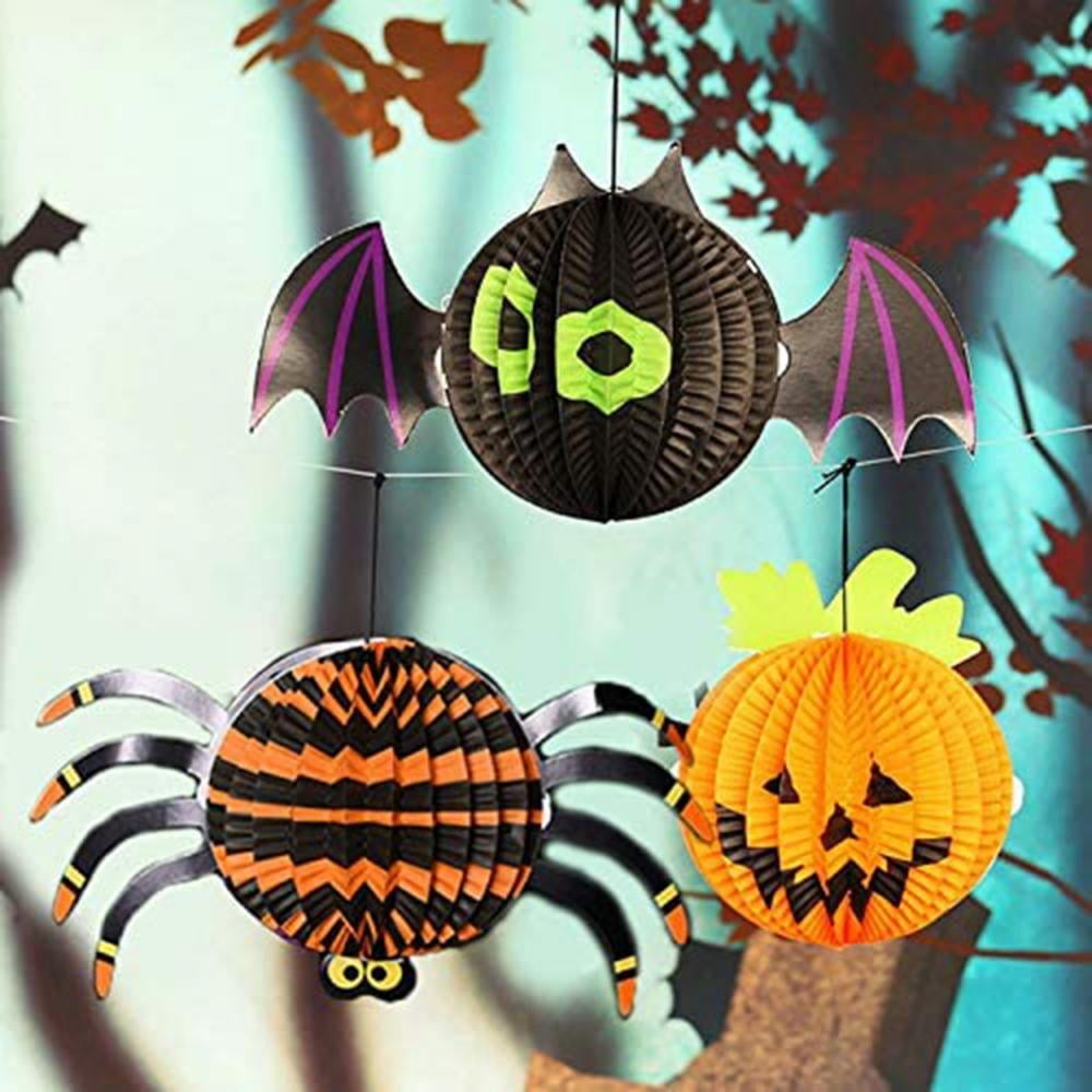 3pcs Halloween Paper Lantern Decoration 3D Fold Up Paper Lantern Spider Bat Pumpkin Halloween Hanging Paper Lantern for Indoor Outdoor Decor