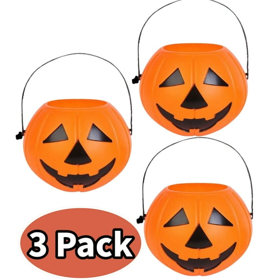 3pcs Halloween Pumpkin Buckets, 6.7 Inch Portable Plastic Pumpkin Candy Pail Holder, Candy Buckets for Kids Trick or Treat