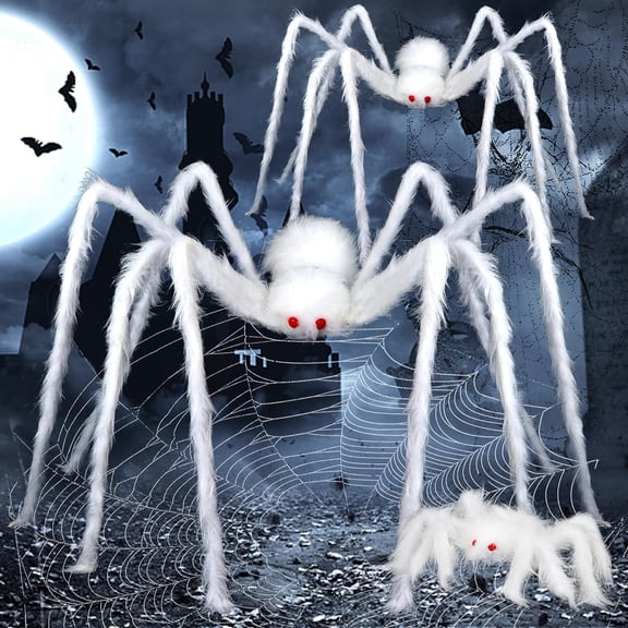 3pcs Halloween Realistic Hairy Spider,Large White Scary Spiders Prop for Lawn Yard Wall Indoor Outdoor Halloween Party Decoration,59",35",12"