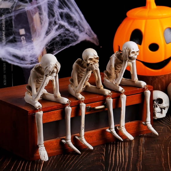 3pcs Halloween Resin Skeleton Figurine Set, Realistic Gothic Skull Bone Statue, Spooky Ghost Festival Ornament for Home Desk Shelf House Halloween Party Decoration, White