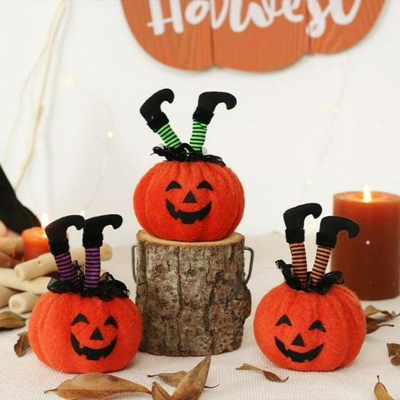 3pcs Halloween Witch Foot Pumpkin Doll with Witch Feet Stuffed Witch Feet Pumpkin Desktop Ornament for Halloween Party Table Centerpiece Decoration