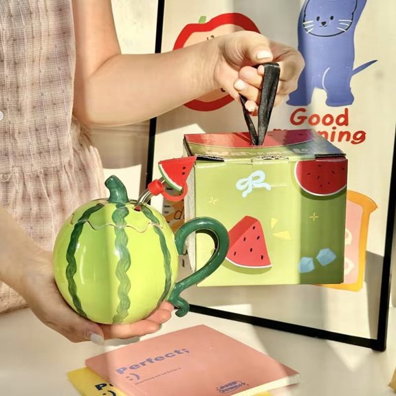 3pcs Hand-painted Watermelon Cups Set - Colorful Ceramic Mugs for Unique Beverage Experience