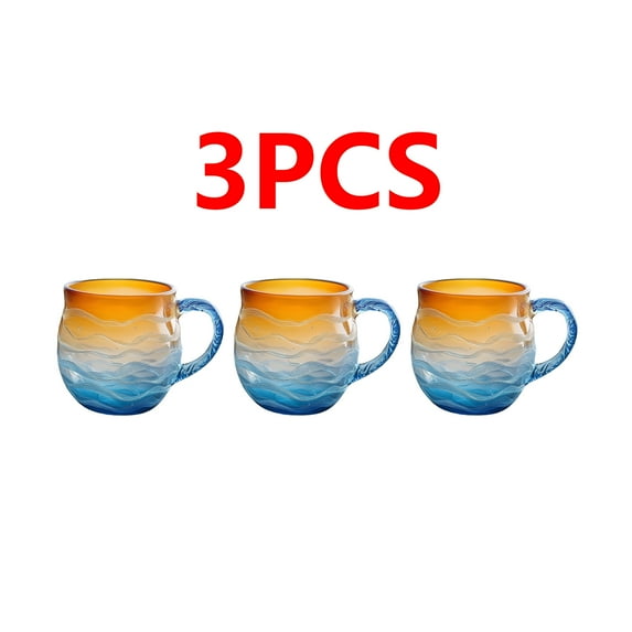 3pcs Handblown Sea Glass Sunset Mug - Wave-Patterned Beach Theme Drinkware, Sea-Inspired Tea Cup for Coffee & Cold rink, Glass Mug with Soft Sunset Hues, Unique Coastal Home Decor Accessory, 3.93in