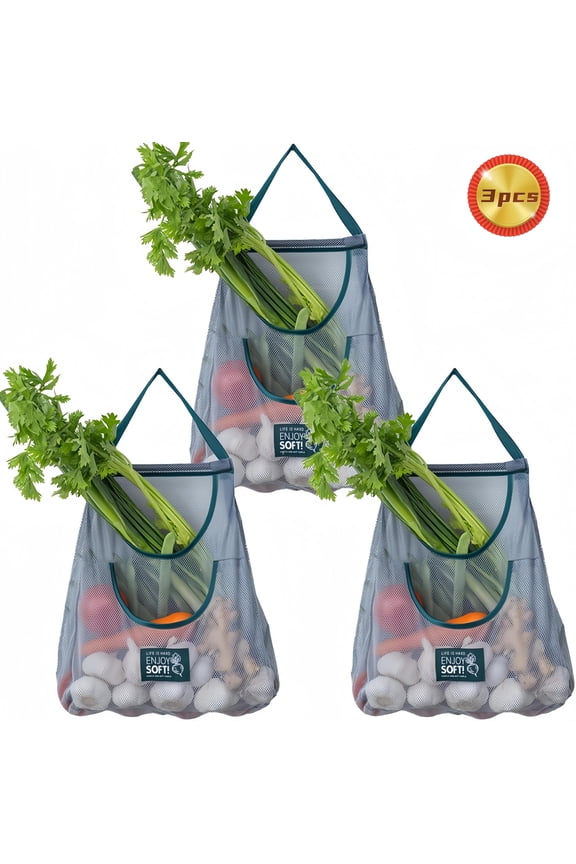 3pcs Hanging Mesh Storage Bags Reusable Produce Bags Dual Pocket Net Bag for Kitchen Fruit Vegetable Garlic Onion Potatoes Tomatoes Storage Bags