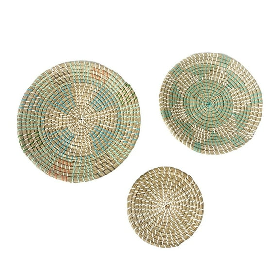 3pcs Hanging Woven Wall Basket Decor, Seagrass Baskets Wall Hanging Art Craft,- Round Wicker Tray, Flat Basket for Coffee Table, Fruit, Cup Coaster Green