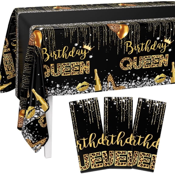 3pcs Happy Birthday Tablecloth for Women Black and Gold Birthday Queen Decorations Queen Birthday Disposable Plastic Rectangle Table Cover for 40th 50th 60th 70th Party Supplies 54 x 108 Inch