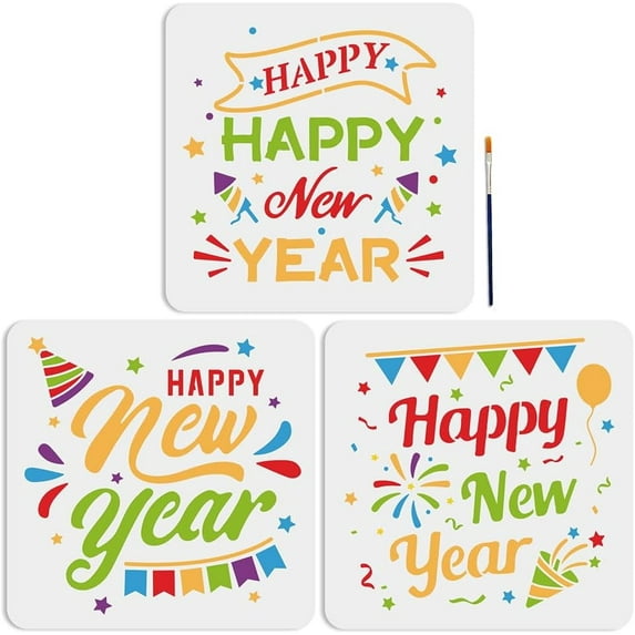 3pcs Happy New Year Stencil Template 11.8×11.8inch Reusable New Year Star Fireworks Decorative Flag Pattern Template with Paint Brush for Arts Crafts Home Decor Wood Wall Fabric DIY