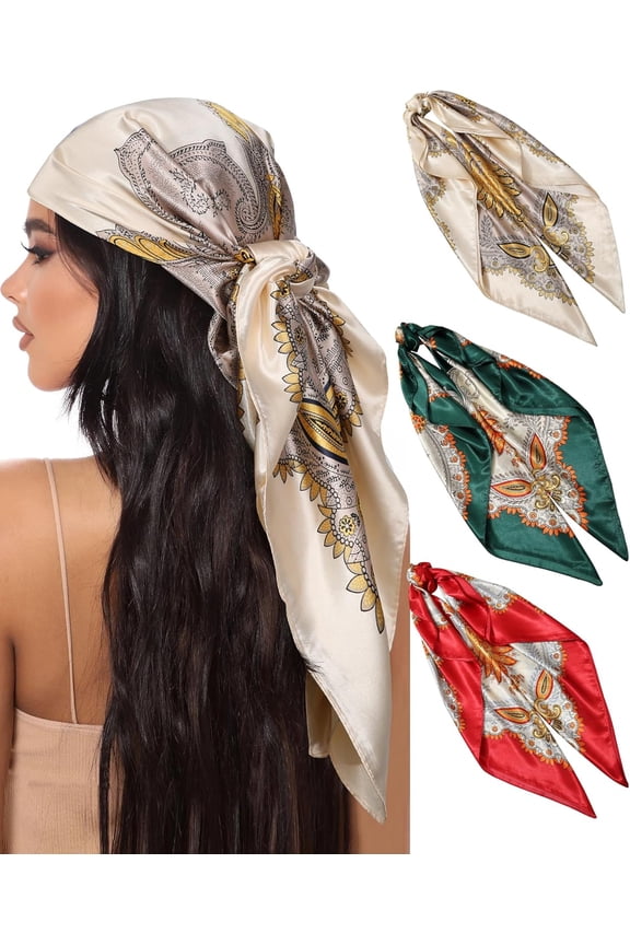 3pcs Head Scarf for Women Like Silk Square Hair Scarves, Scarf Bandanas for Women, 35 Inche