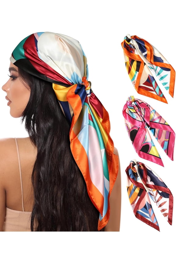 3pcs Head Scarf for Women, Retro Floral Pattern Silk Like Hair Scarf 35 Inch Large Square Satin Head Scarf Elegent Hair Bandanas for Women