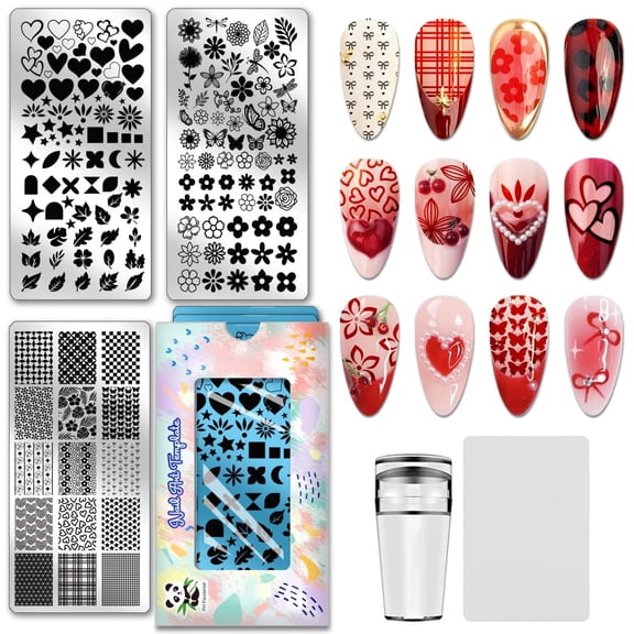3pcs Heart Flower Nail Stamping Plates Basic Shape Butterfly Nail Art Templates Plaid Stencils Stainless Steel Image Plates Tool