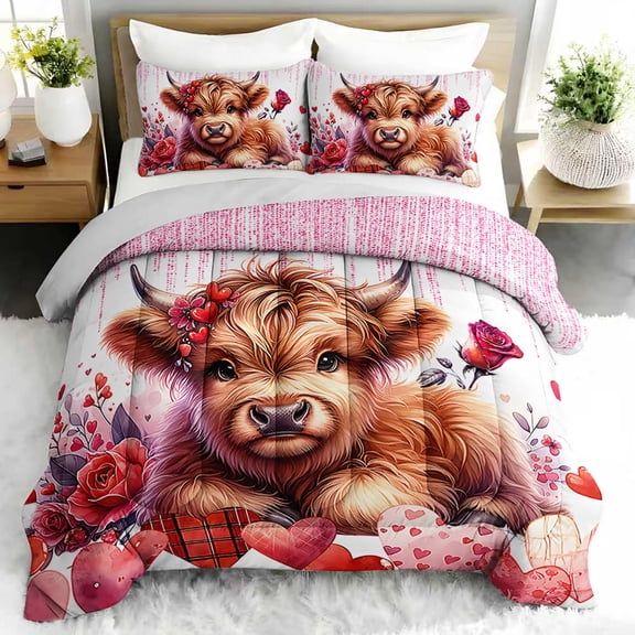 3pcs Highland Cow Comforter Set, Cute Cattle Bedding Set for Bedroom or Guest Room Decor, All Seasons Quilt Machine Washable Duvet with 2 Pillowcases
