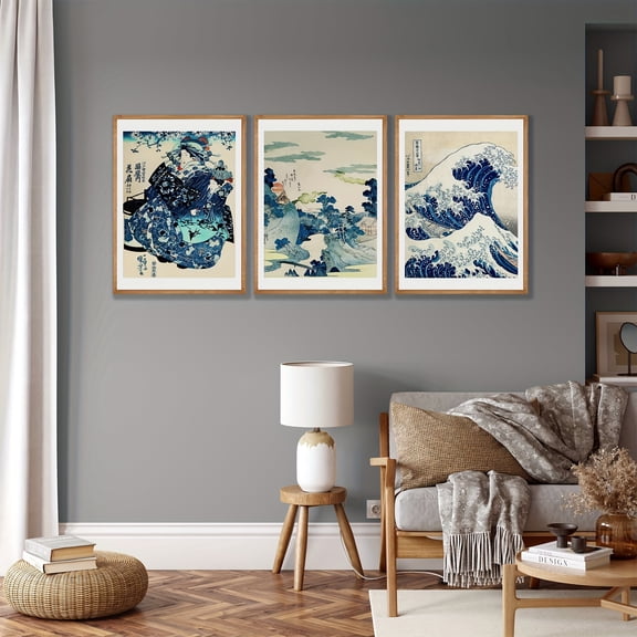 3pcs Hokusai's Great Wave Woodblock Art Poster - Japanese Kanagawa Print for Home Decor, Living Room, Bedroom, Office, Hotel, Bar - No Frame Required