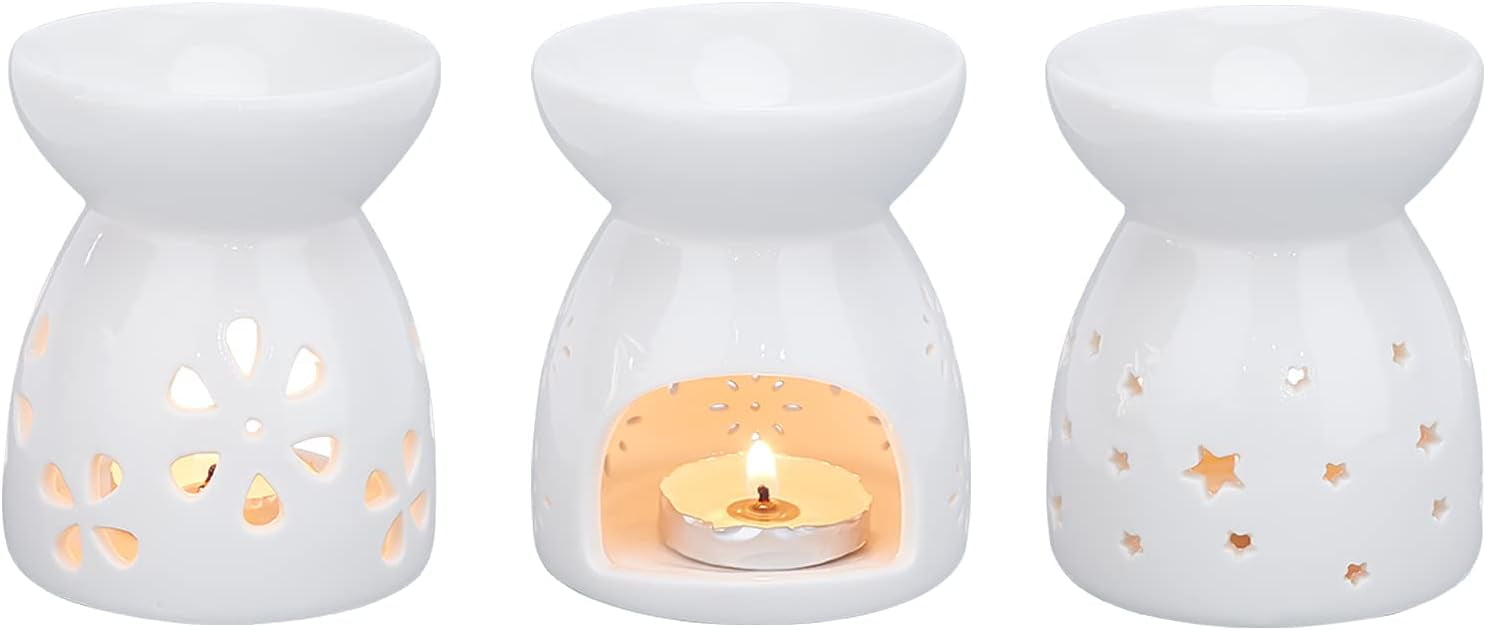 3pcs Hollowing Ceramic Aroma Burner for Fragrance and Aromatherapy Fireworks/Peach Blossoms/Stars Hollowing Pattern Essential Oil Incense Aroma Burner Oil Lamps Tealight Candle Holder DIYDIY