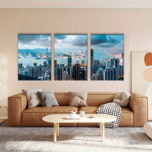 3pcs Hong Kong Skyline Canvas Wall Art Set - Vibrant Cityscape Triptych Prints, Frameless, Classic Contemporary Decor for Living Room & Bedroom, Room Decor Aesthetic