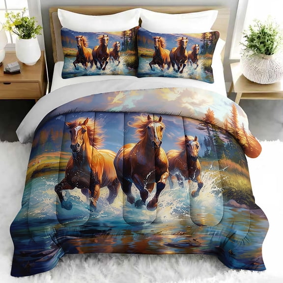 3pcs Horse Running Comforter Set, Majestic Horse Bedding Set for Bedroom or Guest Room Decor, All Seasons Quilt Machine Washable Duvet with 2 Pillowcases