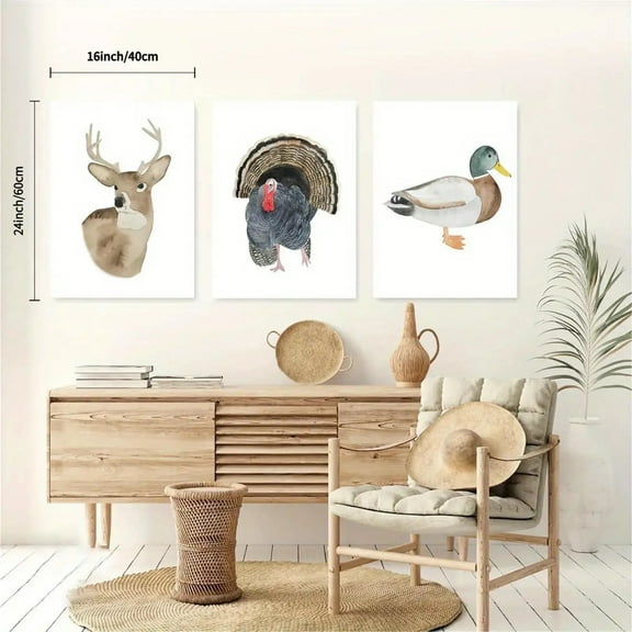3pcs Hunting Adventure Canvas Wall Art Set - Deer, Duck & Turkey Prints with Waterproof Pine Frameless Design, Modern Minimalist Wildlife Posters for Cabin, Lodge, Home Office - North Game Animals D
