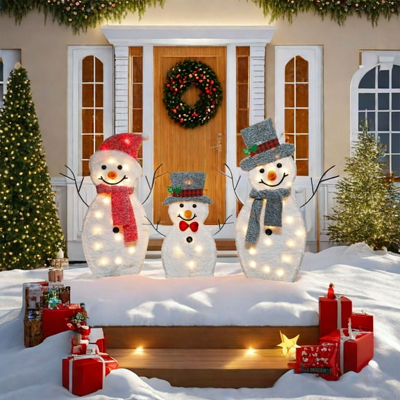 3pcs Illuminated Outdoor Christmas Snowman Set, a charming lighted decoration that brings cheerful winter scenes to life in your garden or yard with its friendly, seasonal display.