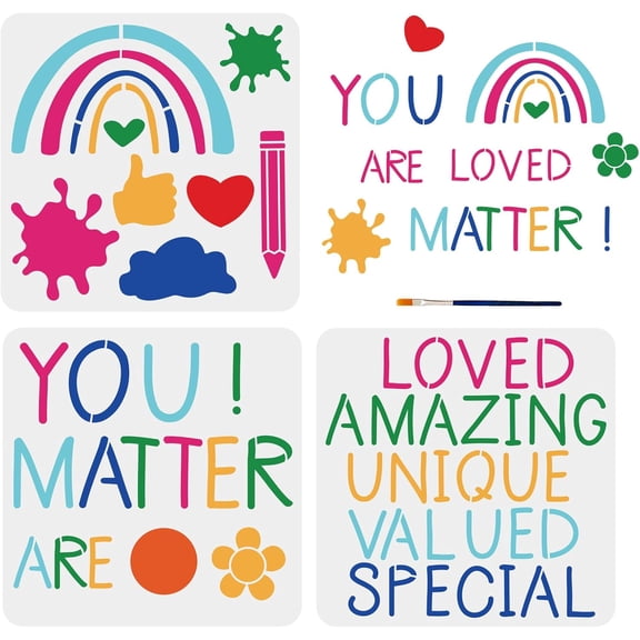 3pcs Inspirational Word Stencils 11.811.8inch You are Loved Unique Motivational Stencils Reusable Rainbow Heart Flower Template with Paint Brush