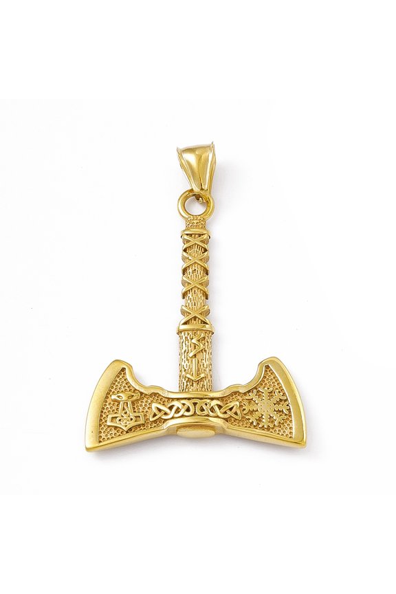 3pcs Ion Plating(IP) 304 Stainless Steel Manual Polishing Pendants Axe Charm Antique Golden 48.5x36.5x5mm Hole: 9x4mm