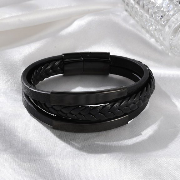 3pcs Ion Plating(IP) Microfiber Leather Multi-strand Bracelets for Men with 316 Surgical Stainless Steel Polished Buckle and 304 Stainless Steel Finding Black 8 inch(20.2cm)