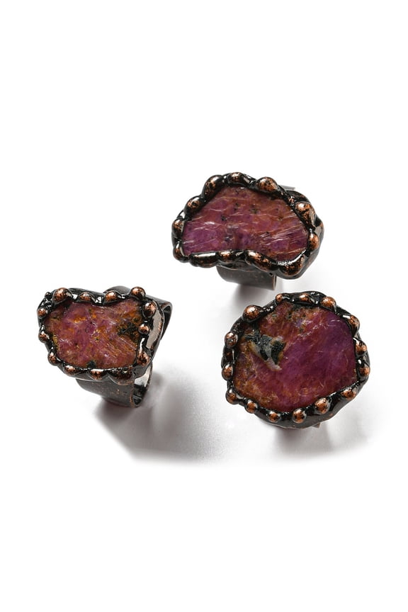 3pcs Irregular Oval Natural Ruby Open Cuff Rings Red Copper Tin Finger Ring Cadmium Free & Lead Free Inner Diameter: 18mm