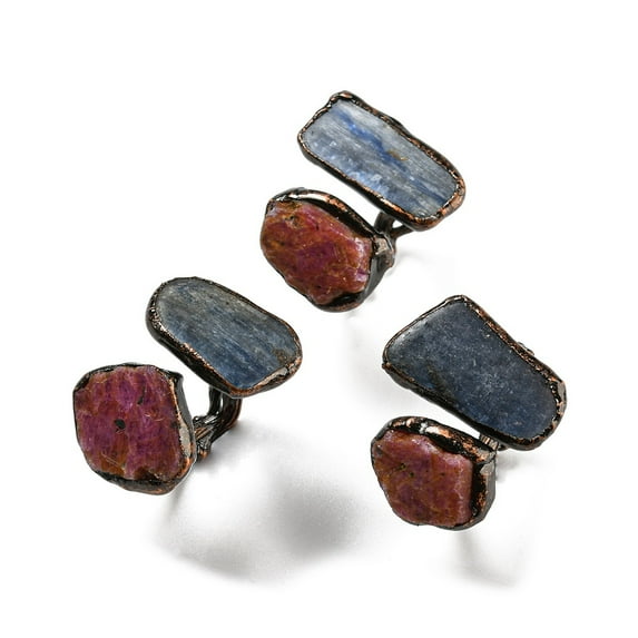 3pcs Irregular Rectangle Natural Ruby & Kyanite/Cyanite/Disthene Open Cuff Rings Red Copper Tin Finger Ring Cadmium Free & Lead Free Inner Diameter: 17~17.5mm