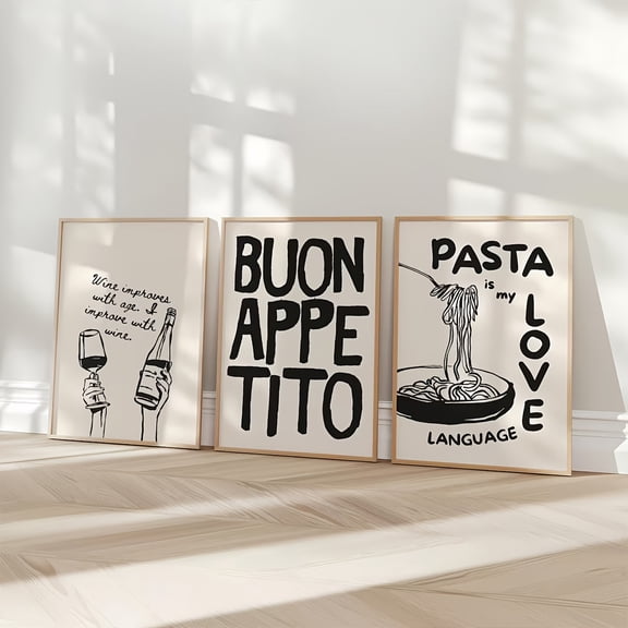 3pcs Italian Kitchen Poster Set - "Wine Imparts Age to Appetite," "Buon Appetito," "Pasta is My Love" - Whimsical Food Wall Art, Wine & Pasta Themes, Frameless Canvas Decor for Modern & Minimalist H