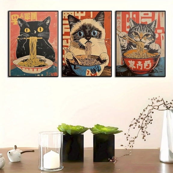 Set of 3 Unframed Japanese Black Cat Canvas Prints - Edo Era Tokyo Noodle Shop Wall Art for Kitchen & Bedroom Decor