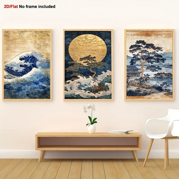 3pcs Japanese Ukiyo-e Inspired Wall Art Set - Traditional Blue & Golden Wave, Pine Tree & Mt. Fuji Paintings on Canvas Panels, Frameless Bohemian Minimalist Asian Decor for, Japanese-Inspired Tripty