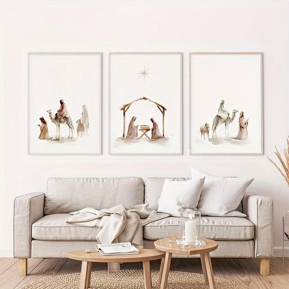 3pcs Jesus Nativity Scene Wall Art Set - Frameless Modern/Classic Biblical Canvas Paintings, Mary Jesus with Shepherds & Wise, Christmas & Year-Round Religious, Nativity Story Panels