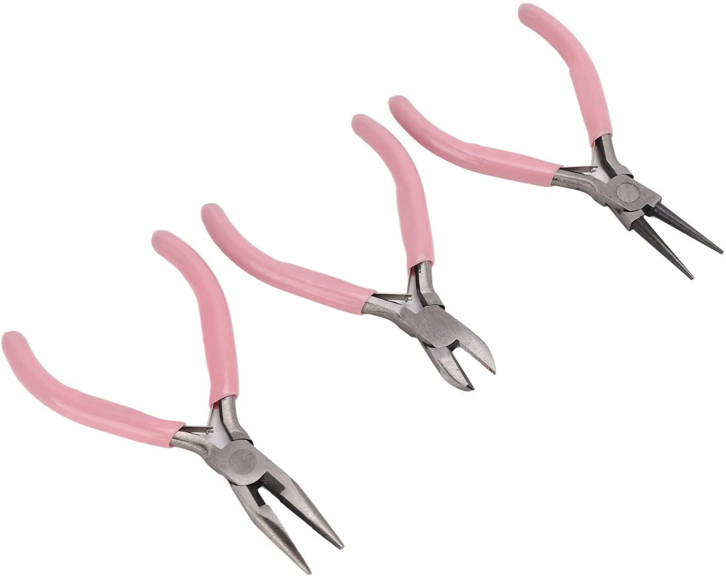 3Pcs Pink Jewelry Pliers Round Needle Diagonal Nose Carbon Steel Sturdy Durablefor Crafts,Jewelry