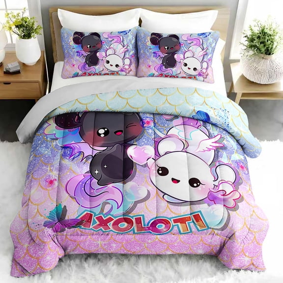 3pcs Kawaii Axolotl Comforter Set, Cute Animal Bedding Set for Bedroom or Guest Room Decor, All Seasons Quilt Machine Washable Duvet with 2 Pillowcases