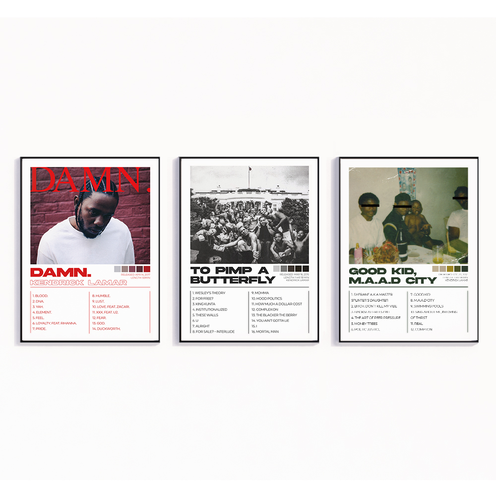 3pcs Kendrick Lamar Albums Damn Art Cover Songs Rap Decorative Painting, Canvas 21x30cm Black Frame, Waterproof Wall Art for Home Decor, Aluminum Alloy Framed