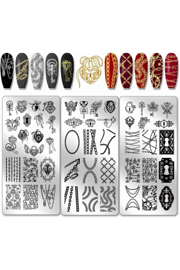 3pcs Keychain Chain Nail Art Templates Neutral Style Nail Stamping Plate Gothic Cool Lock Nail Art Stencils Stainless Steel Nail Image Plate for Nail Design Print Manicure Salon