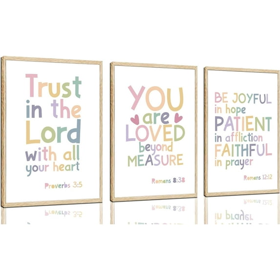 3pcs Kids Bible Wall Art Christian Kindergarten Poster Print Watercolor Religious Bible Painting Picture Christian Inspirational Quotes Canvas Wall Decor for Room Kindergarten Playroom Classroom