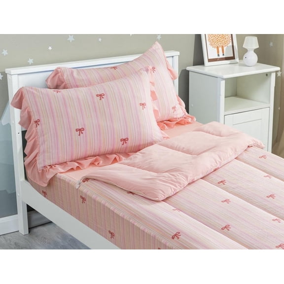 3pcs Kids Comforter Set Twin Zipper Bedding Set for Girls,Bow Bedding Set Princess Comforter Set for Kid,All in one Zipper Bedding(Lightpink,Twin)