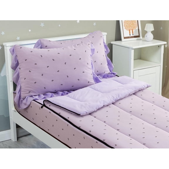3pcs Kids Comforter Set Zip up Bedding Set for Girls,Twin Kid Bedding Set Bow Comforter Set for Kid,All in one Zipper Bedding(Lightpurple,Twin)