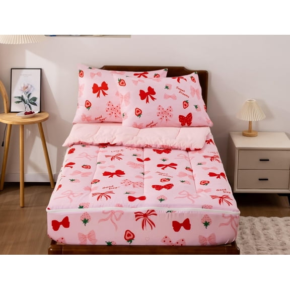 3pcs Kids Comforter Set Zipper Bedding Set for Girls,Twin Kid Bedding Set Strawberries Bow Tie Comforter Set for Kid,All in one Zipper Bedding(Red,Twin)
