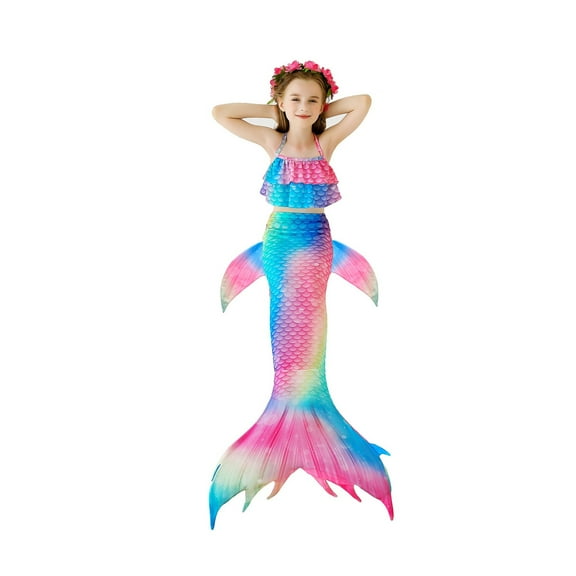3pcs Kids Girls Swimsuit Bathing Suits Kids Tails for Swimming Bikini Fish Tail Set Sport Halter Swimwear for Child Girl 10-11 Years