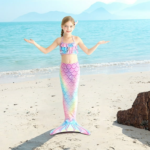 3pcs Kids Girls Swimsuit Bathing Suits Tail for Swimming Kids Bikini Kids Tails Swimwear for Teen Girl 10-11 Years