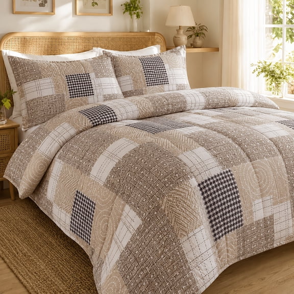 3pcs King Country-style Patchwork Quilt Set With Quilted Check Design, Machine Washable,Available In Multiple Colors And Sizes