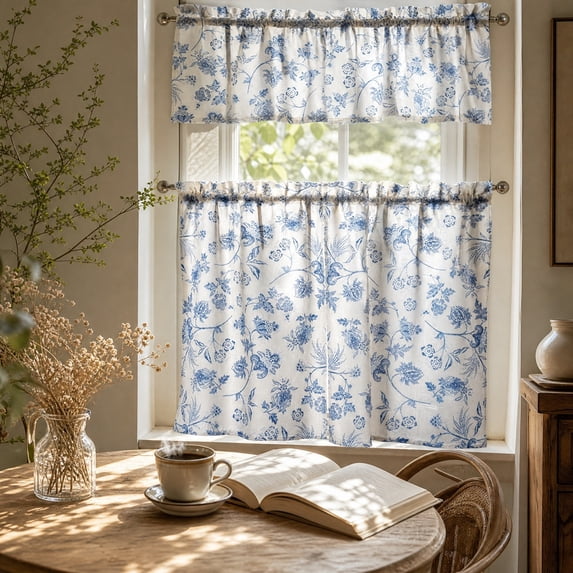 3pcs Kitchen Curtain Set, Window Valance and Two Lower Panels for Café-Style Window Coverage, Coordinated Three-Piece Window Set, for Kitchens, Basements, Breakfast Areas, Blue