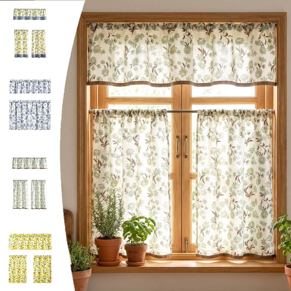 3pcs Kitchen Curtain Set with Valance and 2 Tier Panels, Light Filtering Thermal Cafe Curtains for Small Window, Basement, Bathroom, Laundry Room and Dining Area Decor, Yellow