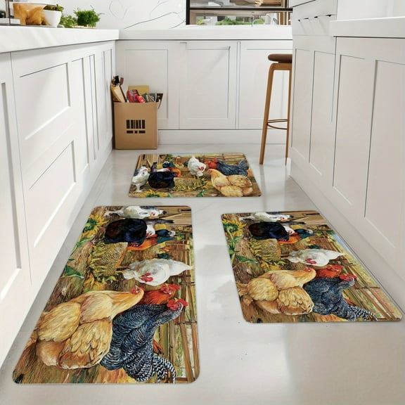 3pcs Kitchen Rug Set, Carpet with Chicken Pattern, Non Slip, for Bedroom, Living Room, Perfect for Farm Friends Who Send Chickens