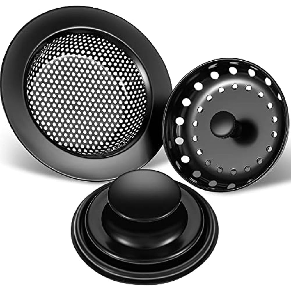 3pcs Kitchen Sink Stopper Filter Garbage Disposal Stopper, Stainless Steel Universal Anti-Clog Kitchen Sink Strainer Sieve Basket Filter, Wide Brim For Kitchen Sink Drain (Black)