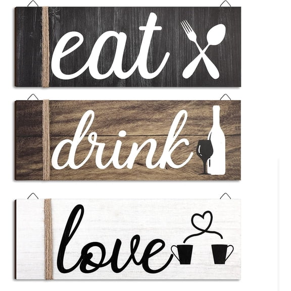 3pcs Kitchen Wall Decor Sign, Farmhouse Kitchen Wooden Sign, Eat Drink Love Wall Art Decor For Home Kitchen Dining Room Bar
