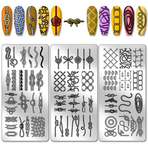 3pcs Knot Nail Stamping Plates Rope Pattern Nail Art Stencils Cord String Nails Image Plates Nautical Style Manicure Art Templates DIY