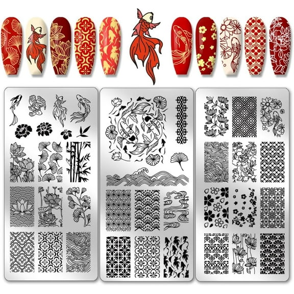3pcs Koi Nail Stamping Plates East Lotus Nail Stamper Plum Bossom Nail Art Stencils Print Nail Stencils Stainless Steel Nail Image Plate for Nail Art Design Manicure Salon
